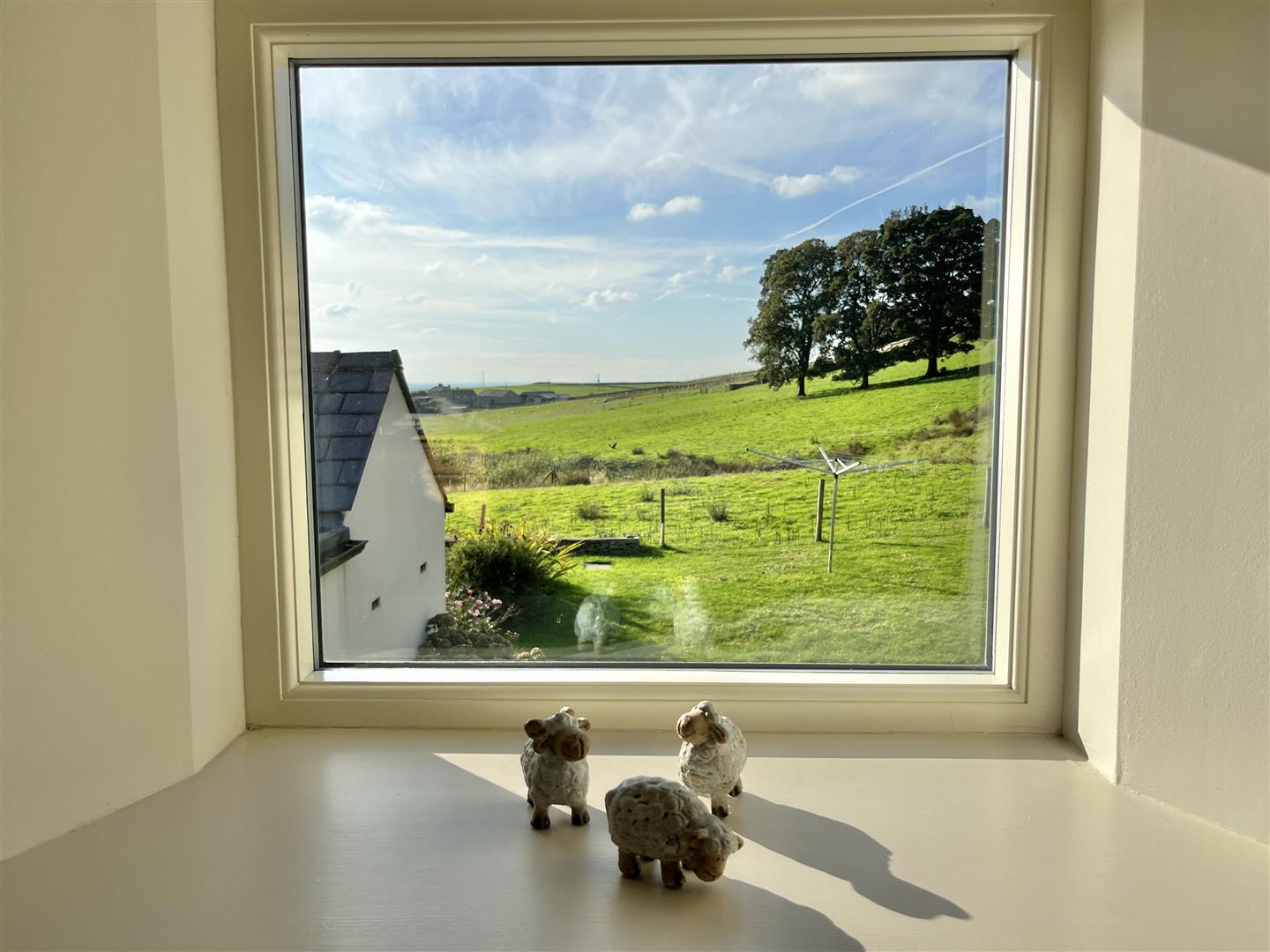 Fields seen across a cottage windowsill